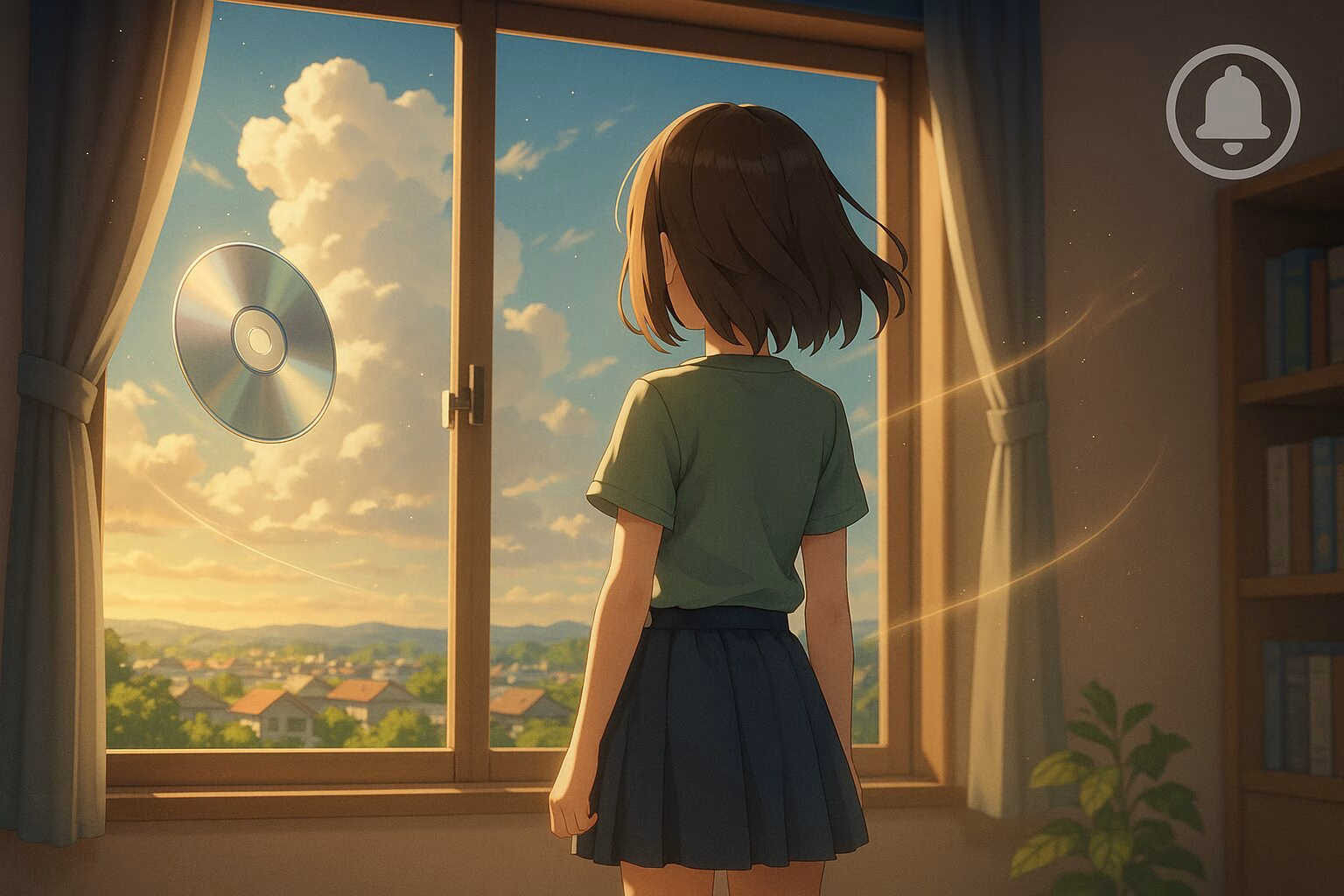 夕暮れの窓辺で外を見つめる少女の後ろ姿と、空中に浮かぶDVDディスクの情景イラスト。AI生成イメージ画像/非公式素材