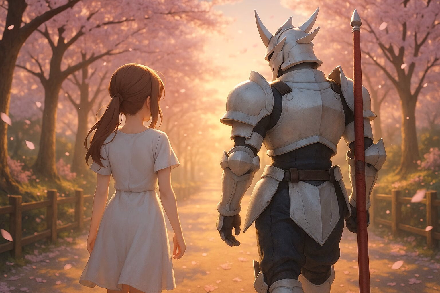 桜並木の道を一緒に歩くアニメ風の少女と鎧を着た騎士の後ろ姿。AI生成イメージ画像/非公式素材