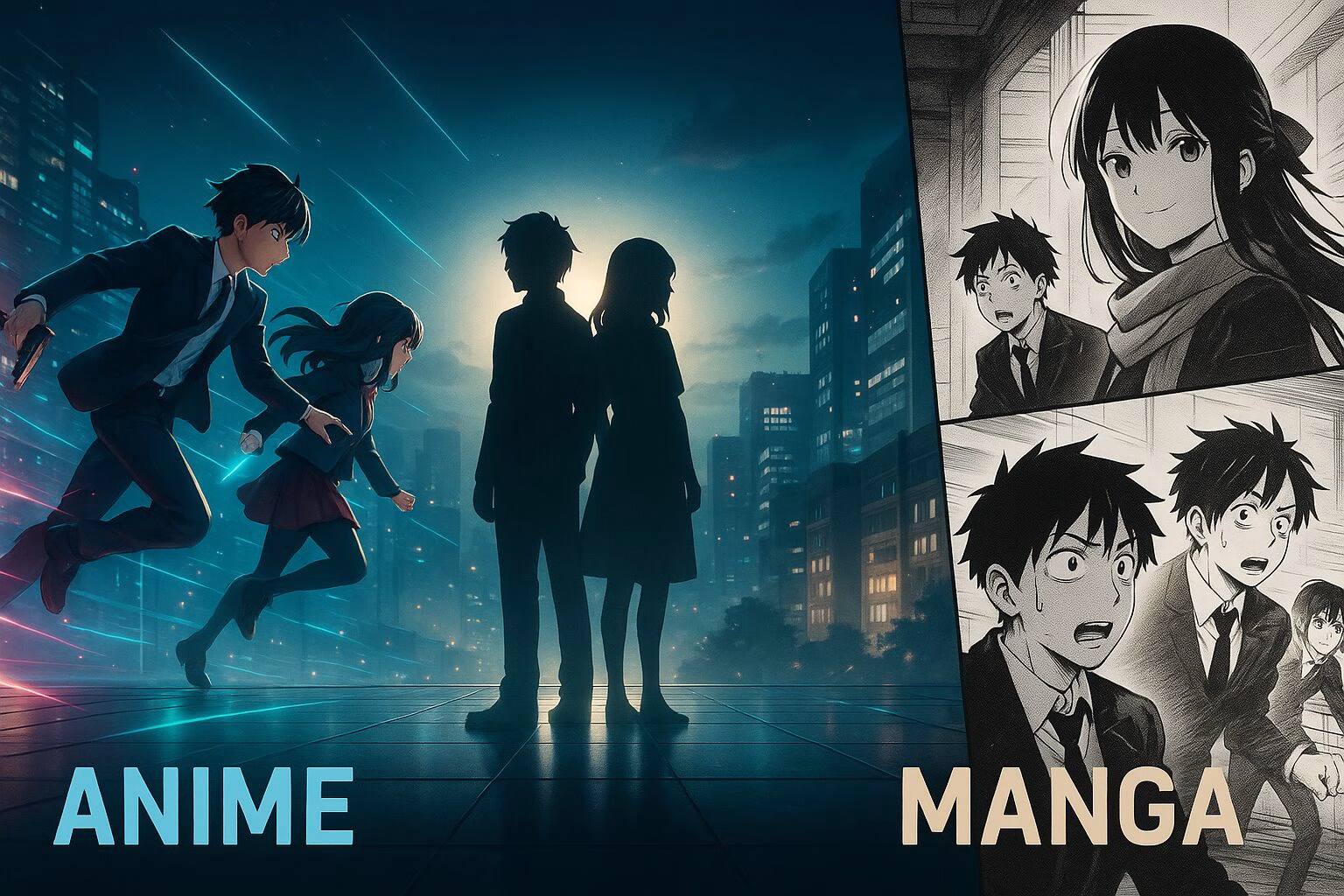 アニメ風のアクションシーンとモノクロ漫画風の描写を対比したビジュアル。中央にシルエットの男女が立ち、背景には都会の夜景が広がる。AI生成イメージ画像/非公式素材