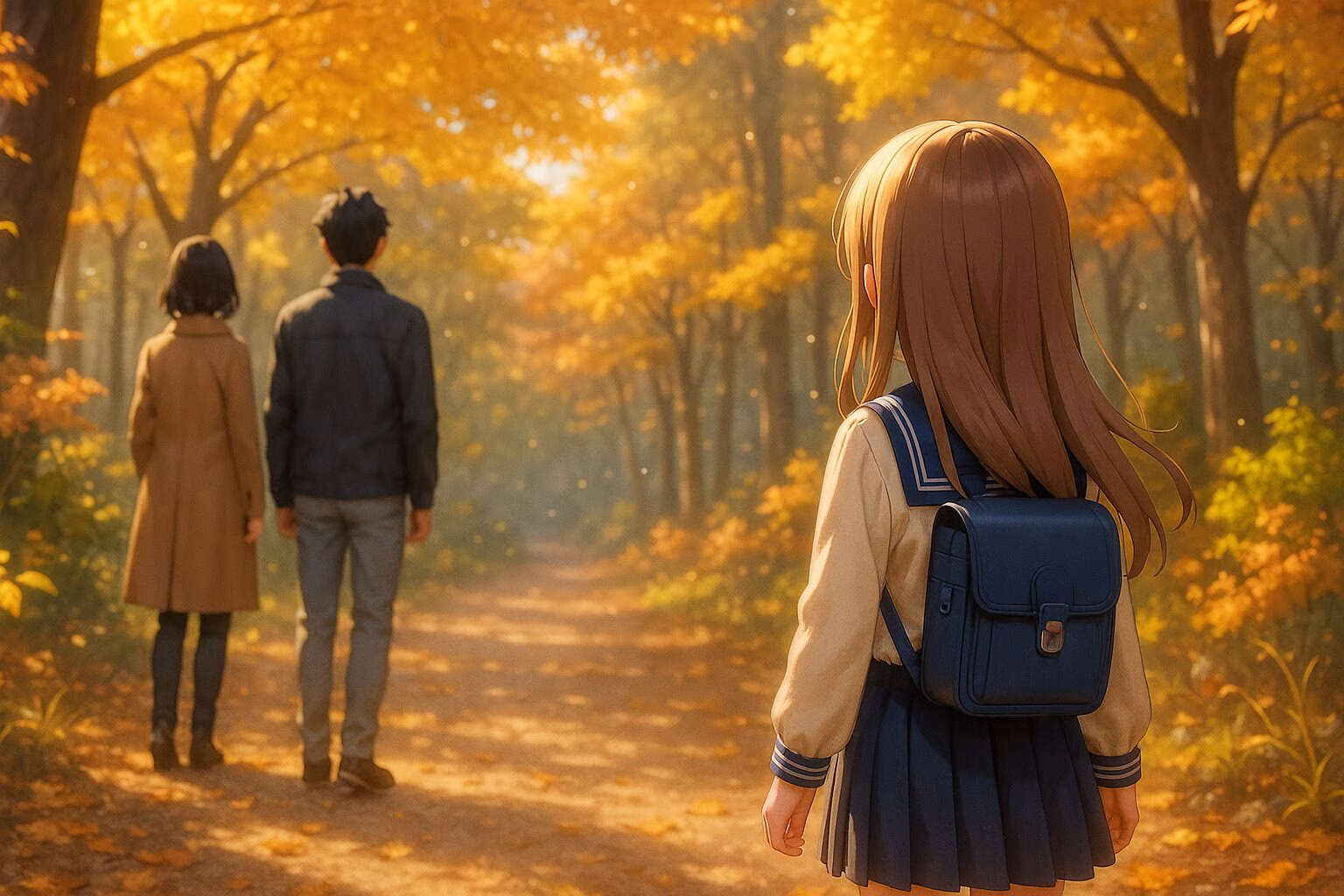 秋の紅葉の森を歩く家族の後ろ姿と情緒的な夕暮れの情景。AI生成イメージ画像/非公式素材/ファンアート。