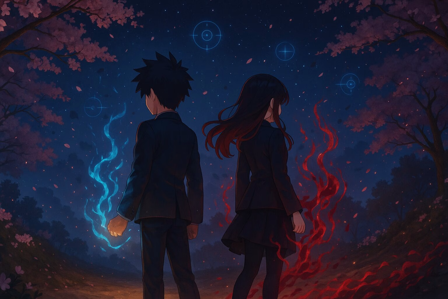 夜の桜並木を背景に、青と赤の光をまとった男女が背中合わせに立っているアニメ風イラスト。AI生成イメージ画像/非公式素材