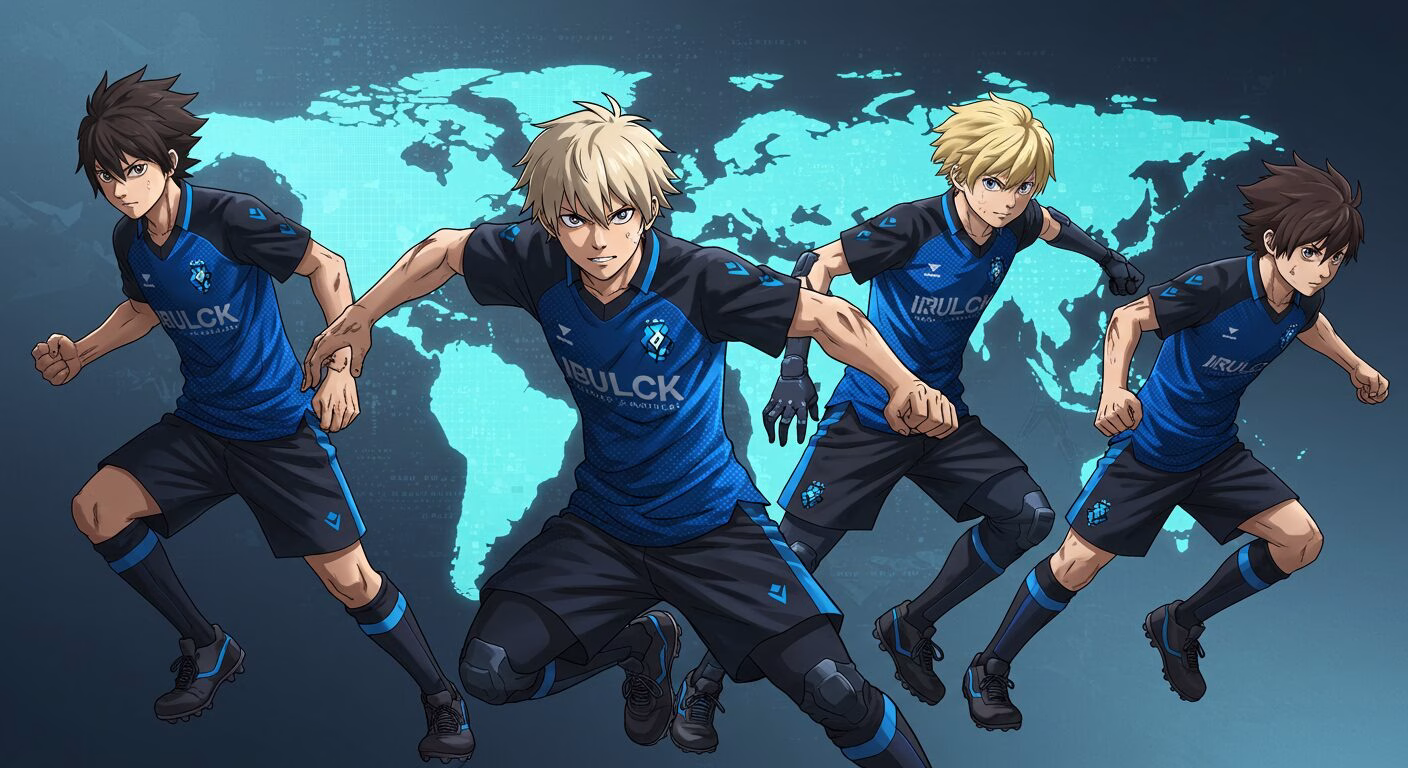 ブルーロック風のユニフォームを着たアニメキャラクターたちが、世界地図を背景に試合に挑むような構えをしている（※本画像はAIによる創作イメージであり公式素材ではありません）