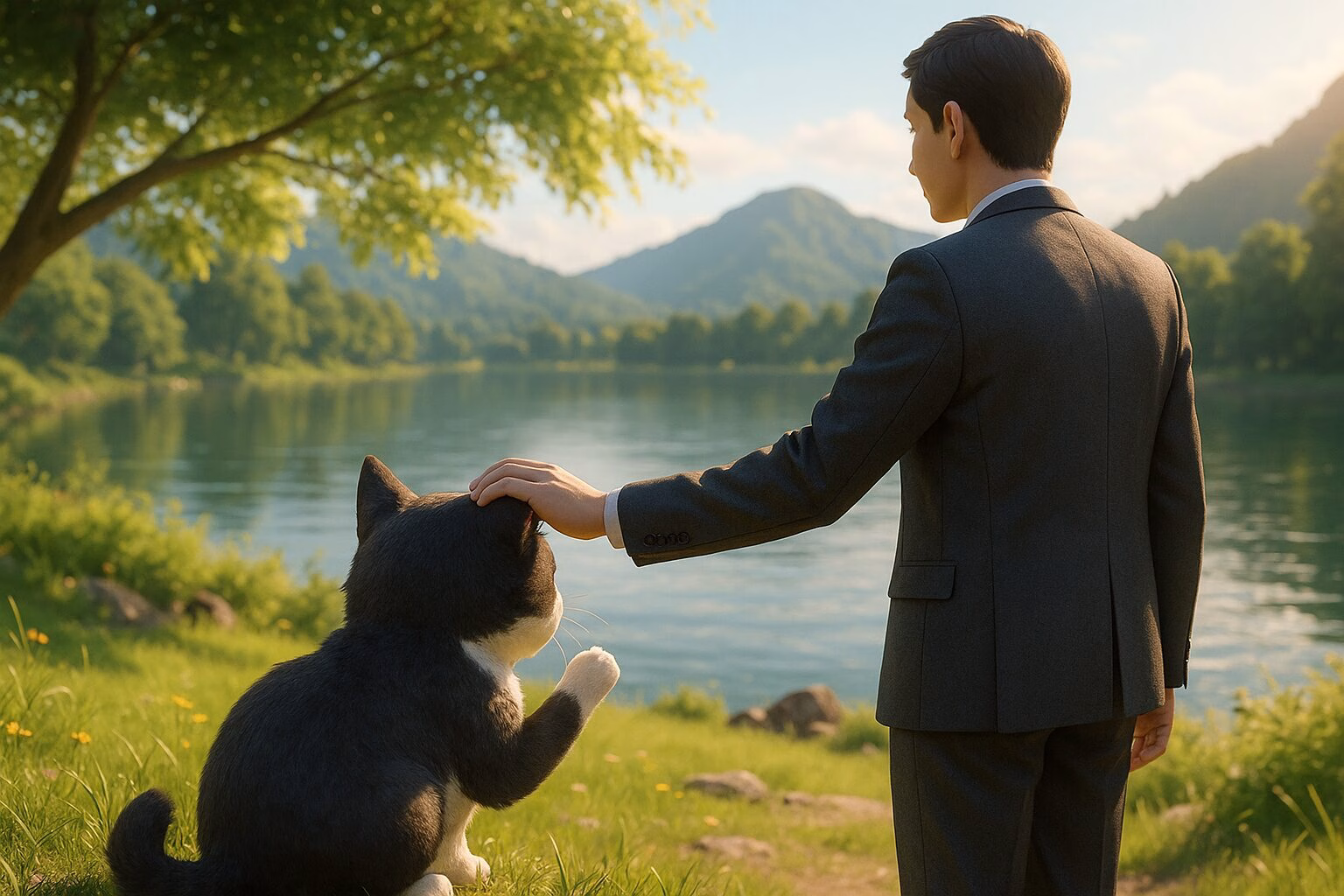 スーツ姿の男性が湖畔で黒白猫を優しく撫でている、温かみのある3DCGアニメ風イラスト。AI生成イメージ画像/非公式素材