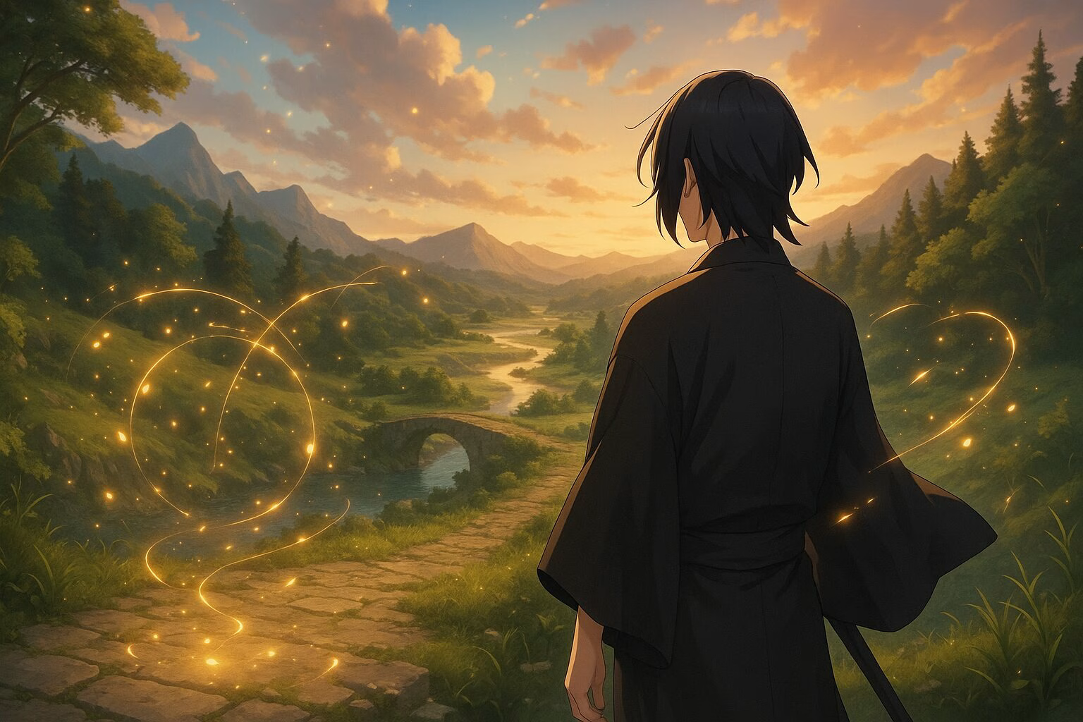 黒い和装姿の青年が夕暮れの山間に佇み、光の粒子が舞う幻想的な風景を見つめている様子。AI生成イメージ画像/非公式素材