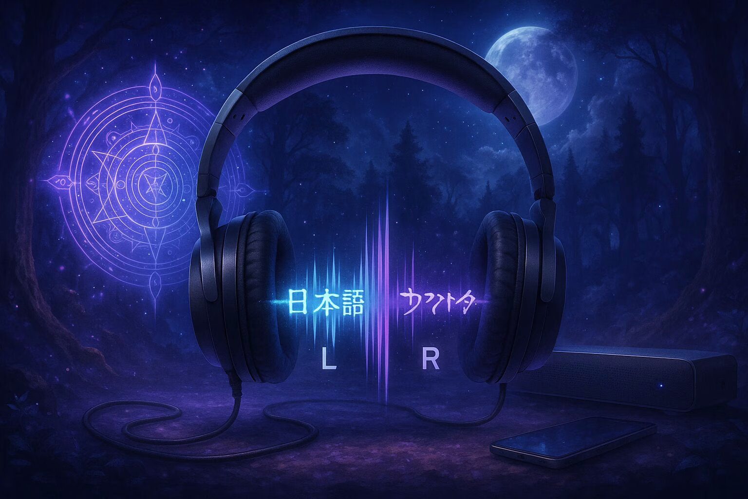 幻想的な夜の森の中に浮かぶヘッドホンと音声波形。左右の音声チャンネルを象徴する日本語と異世界語が光って表示されている。AI生成イメージ画像/非公式素材