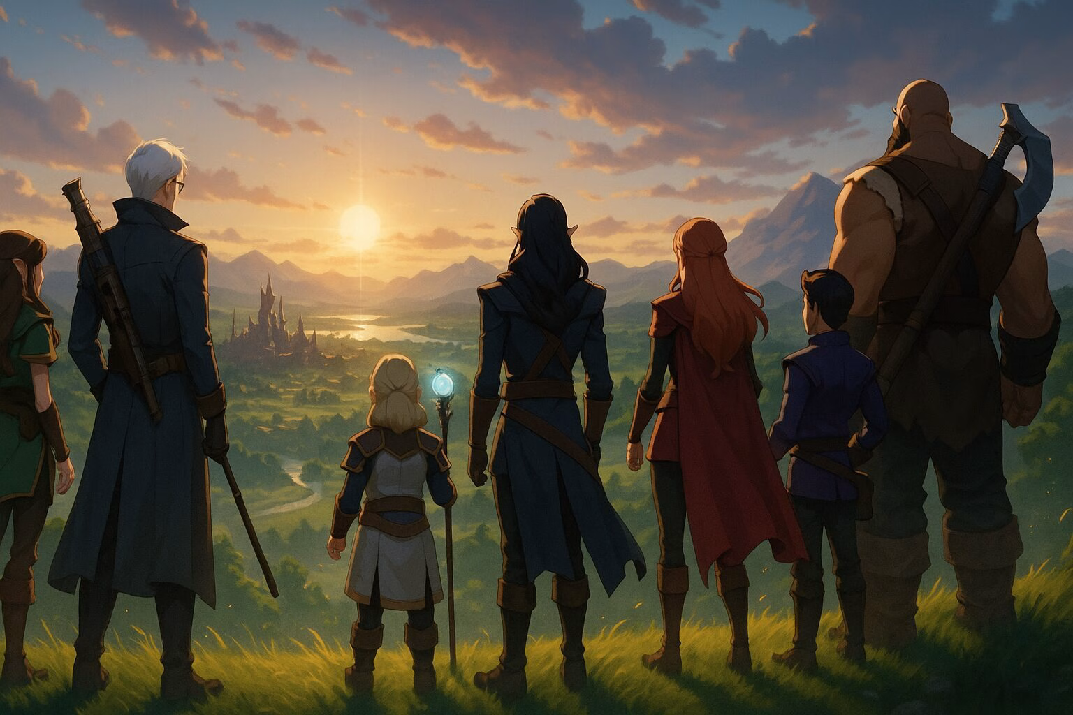 夕暮れの城を見つめる6人のファンタジー冒険者たちの後ろ姿。AI生成イメージ画像/非公式素材/ファンアート。