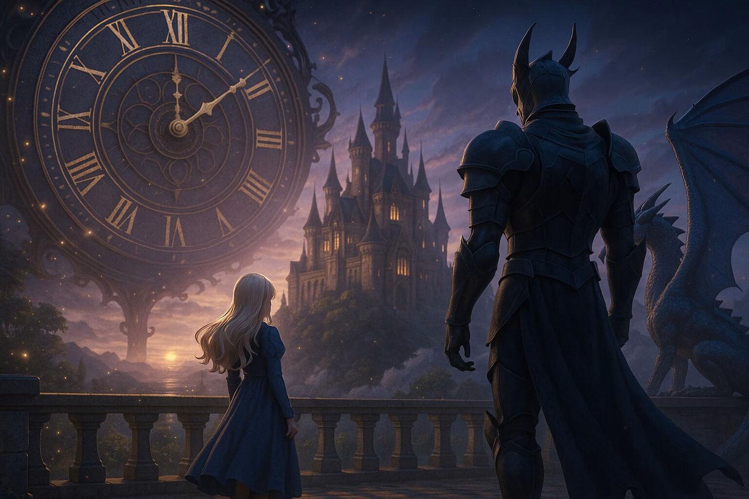 壮大な城と大時計を背景に、金髪の少女と鎧姿の戦士が立つ幻想的な3Dアニメ風イラスト。AI生成イメージ画像/非公式素材