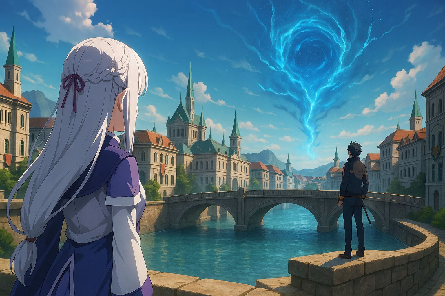 ファンタジー都市の背景に、白髪の少女と黒髪の少年が後ろ姿で佇む3DCGアニメ風イラスト。中央の空には魔力の渦が広がり、物語の緊張感と幻想的な世界観が表現されている。AI生成イメージ画像/非公式素材/ファンアート。