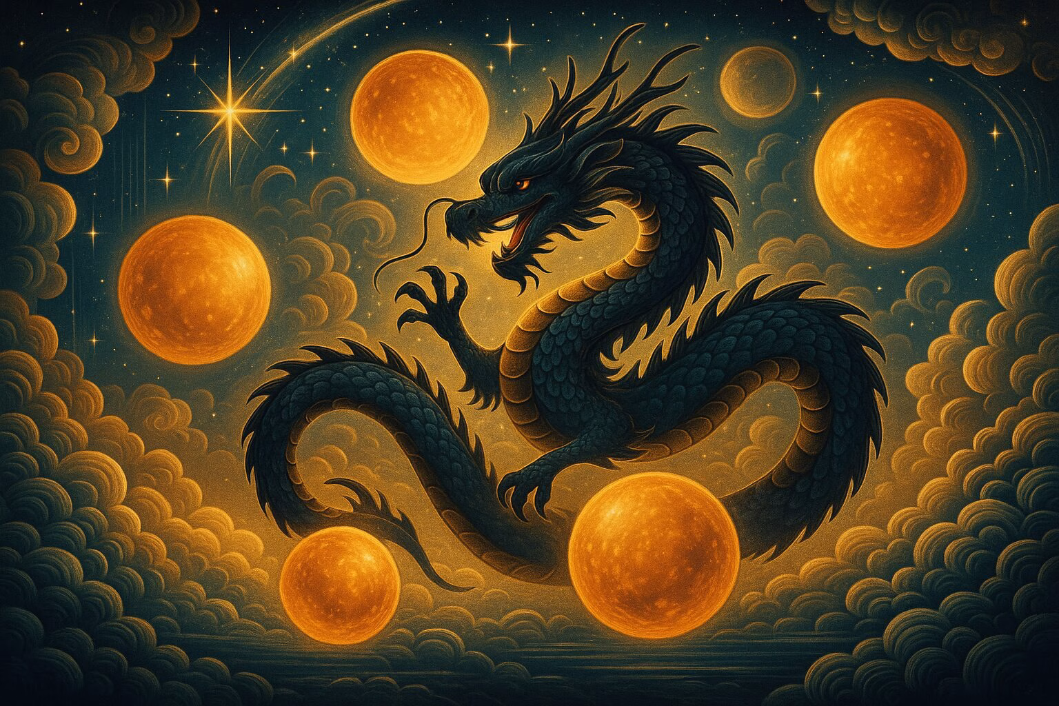 幻想的な空を舞う龍と光り輝くオレンジ色の玉が浮かぶイラスト。夜空と雲の中で神秘的な雰囲気を演出。AI生成イメージ画像/非公式素材