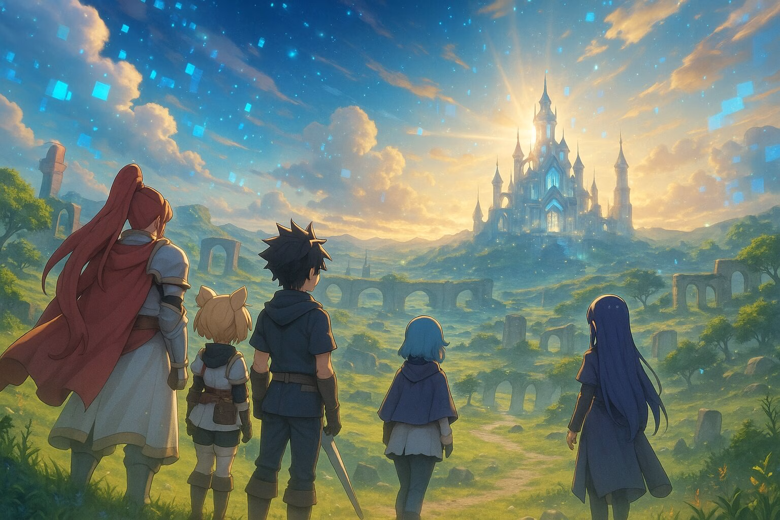 ファンタジー風の世界を背景に、冒険者たちが遠くの城に向かって歩いている後ろ姿のアニメ調イラスト。絆や連携を感じさせる構図。AI生成イメージ画像/非公式素材