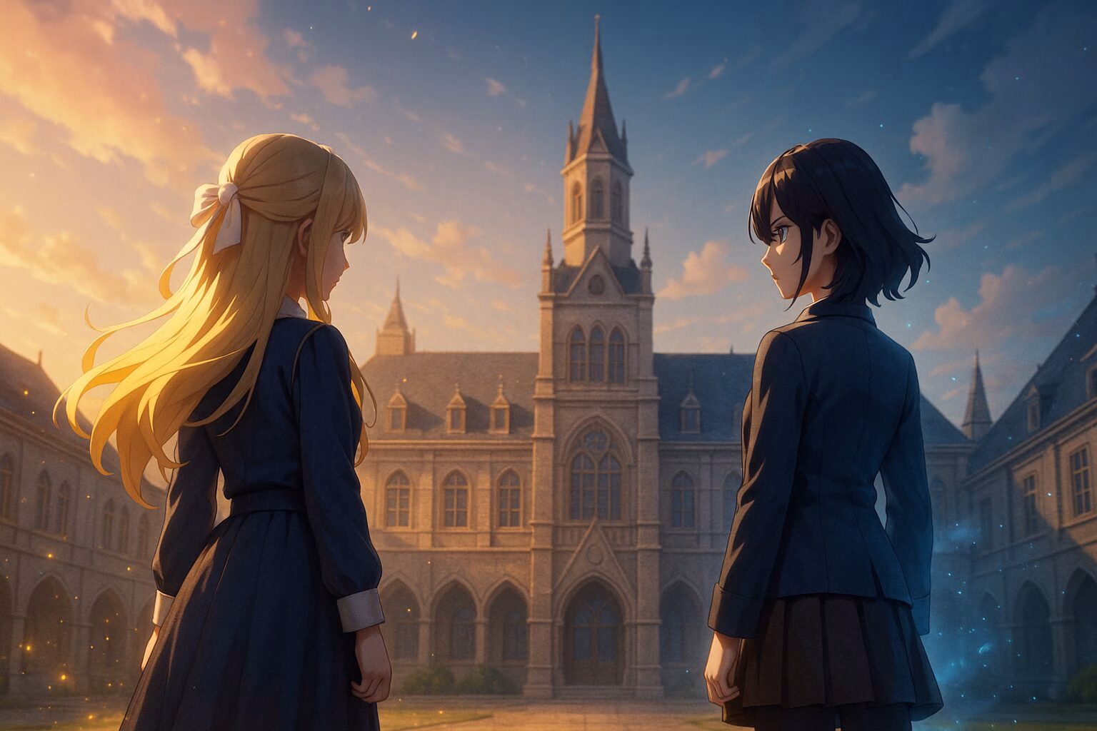 魔法学園の中庭で向かい合う理想主義と現実主義を象徴する二人の少女を描いた3DCGアニメ風イラスト。奥行きのある背景と幻想的な光が雰囲気を演出している。AI生成イメージ画像/非公式素材
