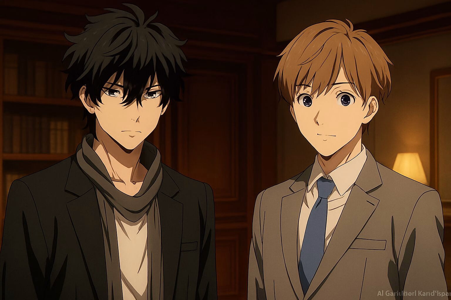 アニメ風に描かれた黒髪の青年と茶髪の青年が並ぶ、室内背景のAI生成オリジナル画像（非公式）