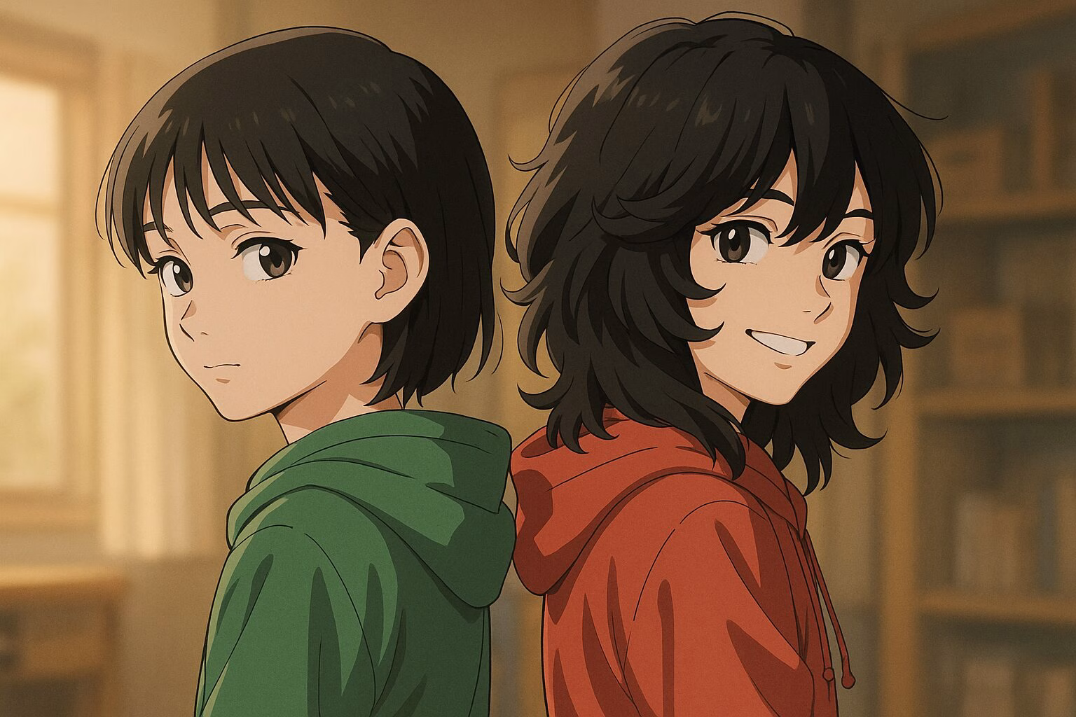 アニメ風の女の子2人が背中合わせに立つ『ルックバック』風イメージイラスト