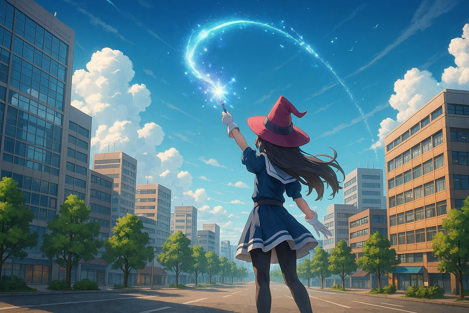魔法の力を使って都市の空に光を描く制服姿の女性の後ろ姿（アニメ調3DCGイラスト）AI生成イメージ画像/非公式素材