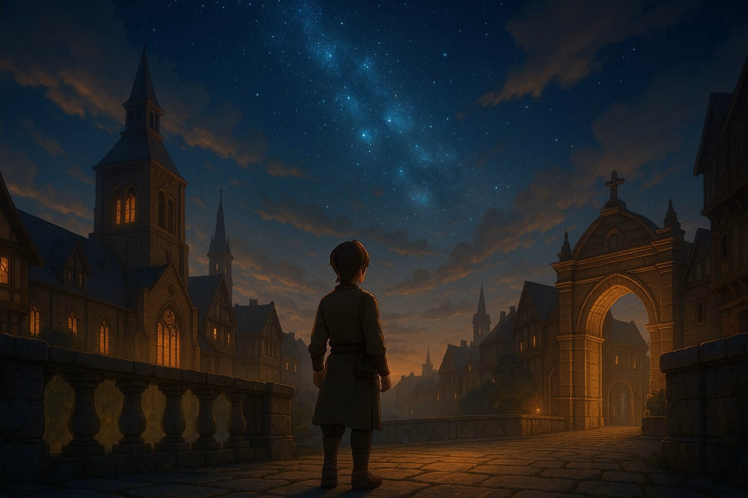 星空を見上げる人物の後ろ姿と中世ヨーロッパ風の街並みを描いた幻想的なイラスト。AI生成イメージ画像/非公式素材