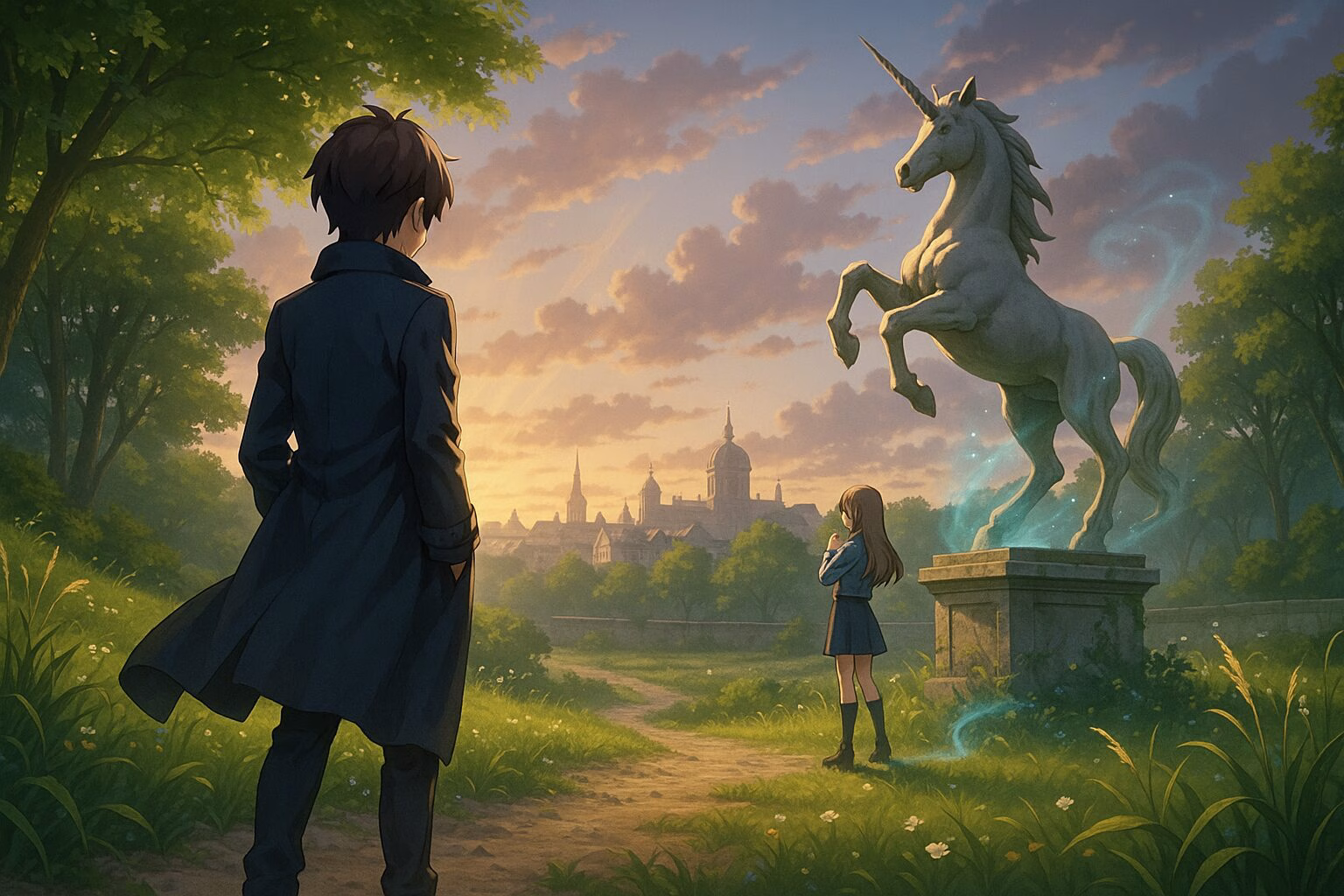 探偵風の青年と制服姿の少女が夕暮れの草原でユニコーン像を見つめる、幻想的なミステリー風景。AI生成イメージ画像/非公式素材
