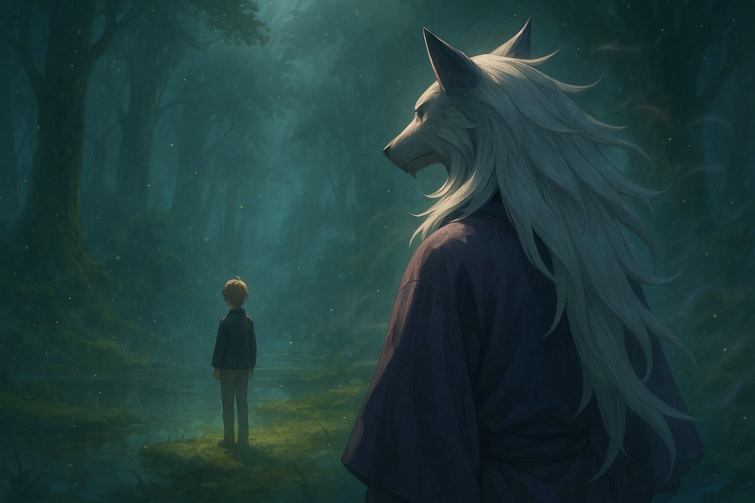 霧の立ち込める森で、妖のような存在と少年が向き合う幻想的なイラスト。AI生成イメージ画像/非公式素材
