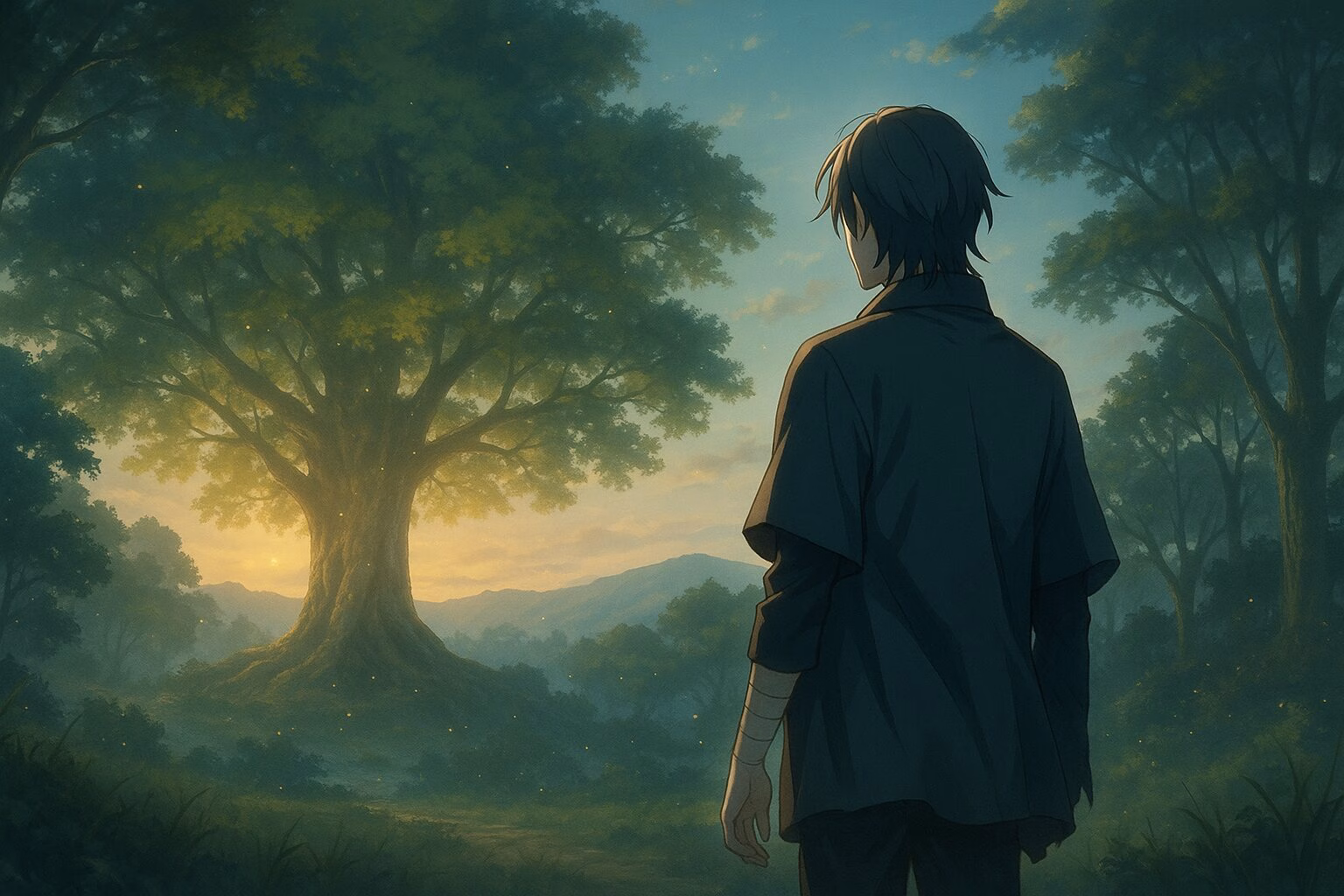 夕暮れの神秘的な森で光る大樹を見つめる後ろ姿の男性のイラスト。AI生成イメージ画像/非公式素材