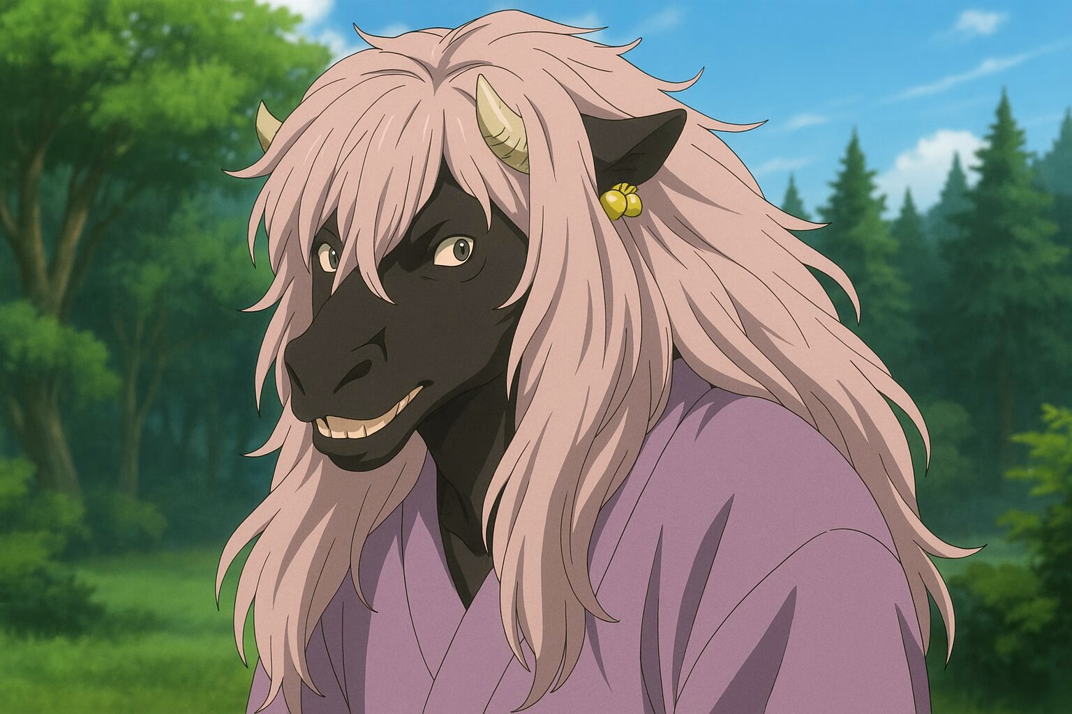 アニメ風の森の中で微笑む妖怪姿。淡い紫色の長髪と落ち着いた雰囲気が特徴。AI生成・非公式素材。