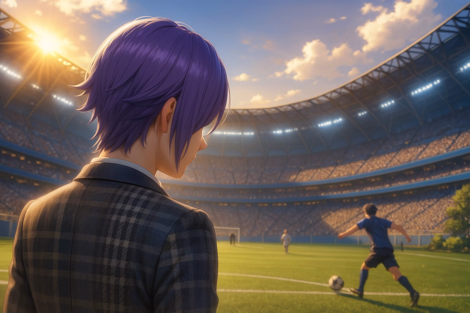 紫色の髪の青年がサッカースタジアムで試合を見つめる3DCGアニメ風イラスト。奥行きのある構図と夕日の光でドラマチックな雰囲気を演出。AI生成イメージ画像/非公式素材
