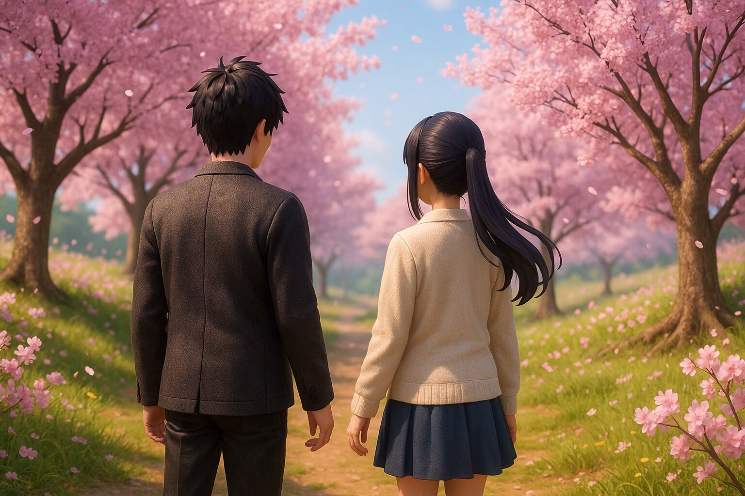春の桜並木で肩を並べて歩く男女の後ろ姿を描いた3DCGアニメ風イラスト。明るく穏やかな雰囲気の中で物語性を感じさせる構図。AI生成イメージ画像/非公式素材