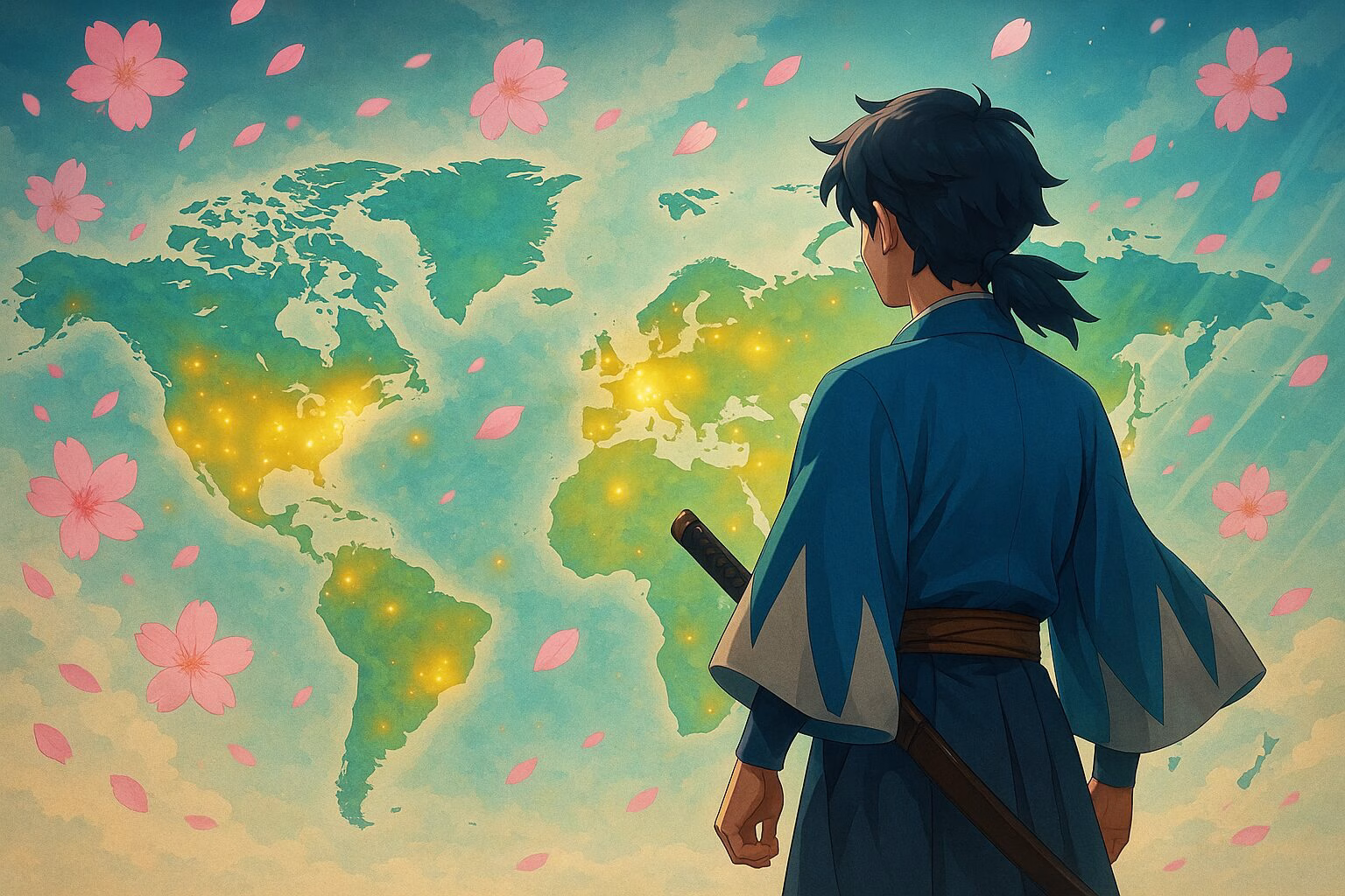 世界地図を背景に、桜の花びらが舞う中、和装姿の若者が背を向けて立っているアニメ風イラスト。AI生成イメージ画像/非公式素材