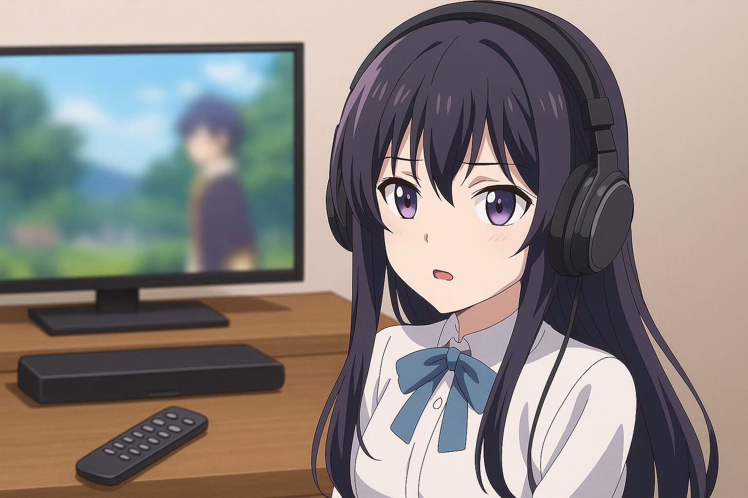 ヘッドホンを着けてテレビでアニメを視聴する女性。画面には二重音声設定のアニメが映っている。