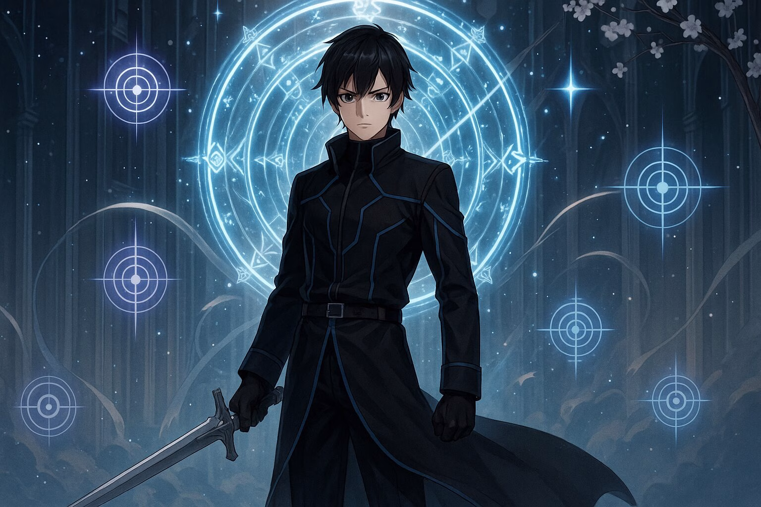 『精霊幻想記』リオが魔法陣の前に立つ幻想的なシーン。黒のコートと剣を持つ姿が最強キャラとしての風格を示す。
