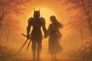 桜の花びらが舞う夕暮れの中、手を取り合って歩く騎士と女性の後ろ姿のシルエット。物語の結末を象徴。AI生成・非公式素材。