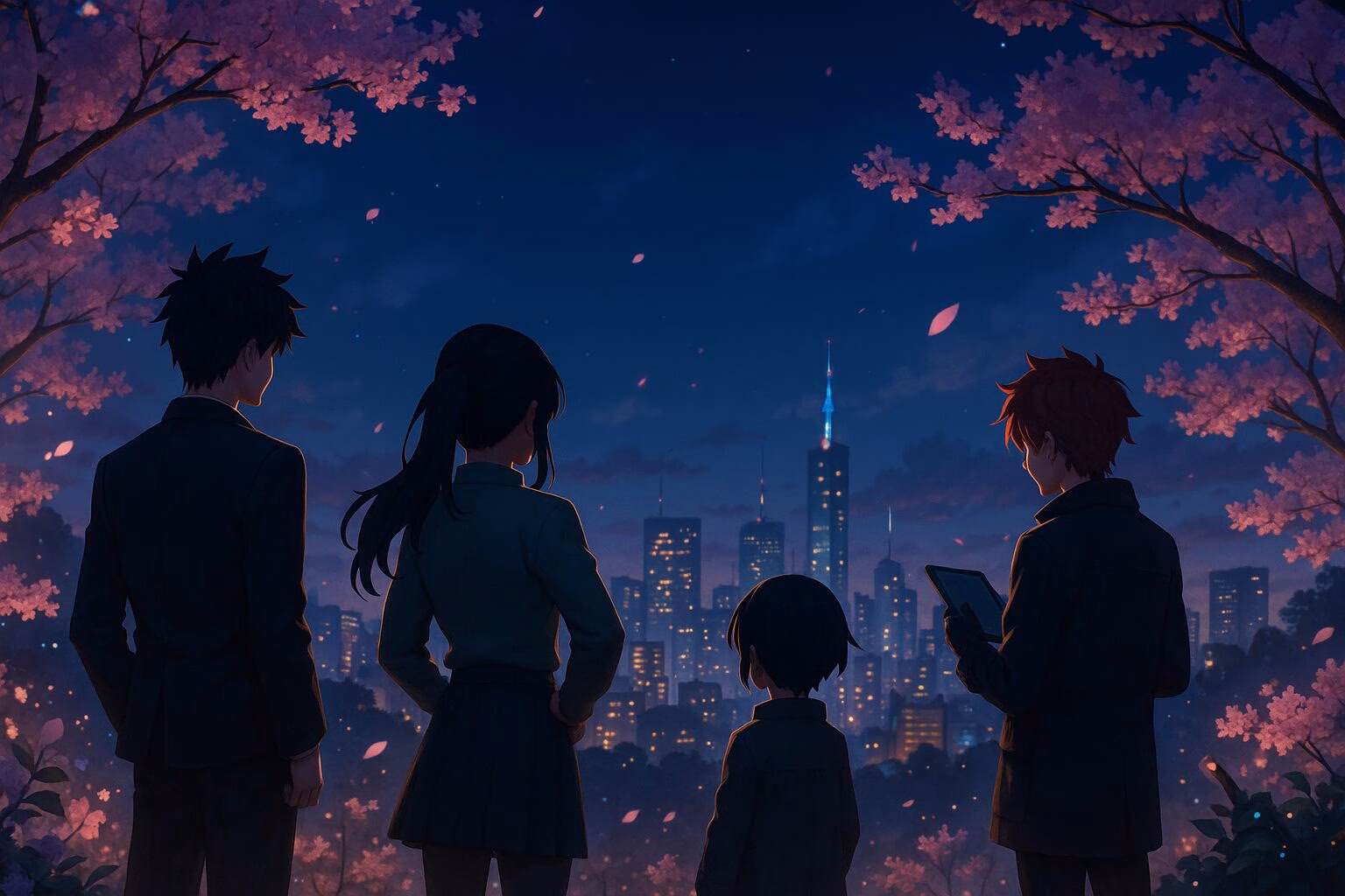 夜の街を背景に桜が舞う中、後ろ姿の家族らしき人物たちが景色を眺める幻想的なイメージ。AI生成イメージ画像/非公式素材