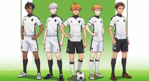 Five cheerful anime-style soccer players in white and black uniforms standing confidently on a vibrant green field, showcasing team spirit and diversity.