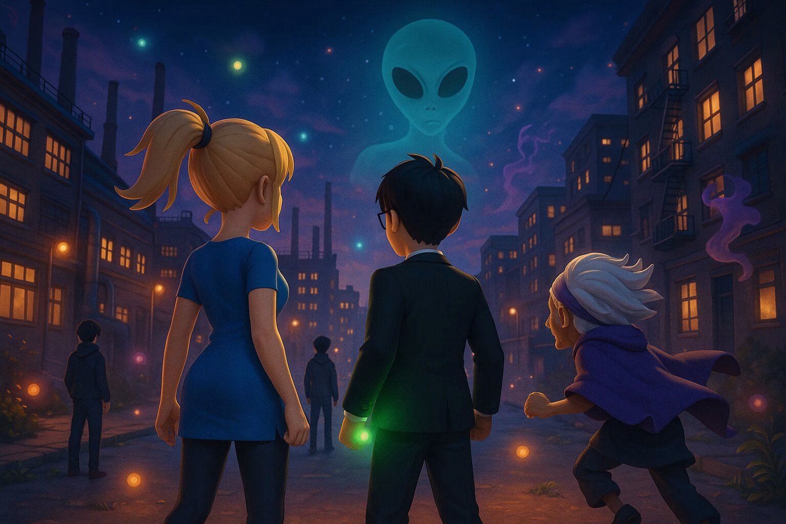 alt="アニメ調の都市夜景を背景に立つ複数のキャラクターの後ろ姿。光と幻想的な雰囲気が漂う幻想的なイラスト。AI生成イメージ画像/非公式素材