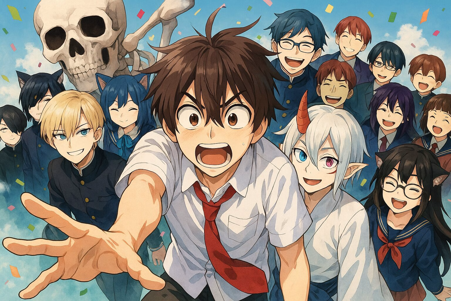 妖怪学校の先生と個性豊かな生徒たちが笑顔で集まるアニメ風イラスト。前方に教師が手を伸ばし、背景には骸骨や猫耳のキャラなども描かれている。