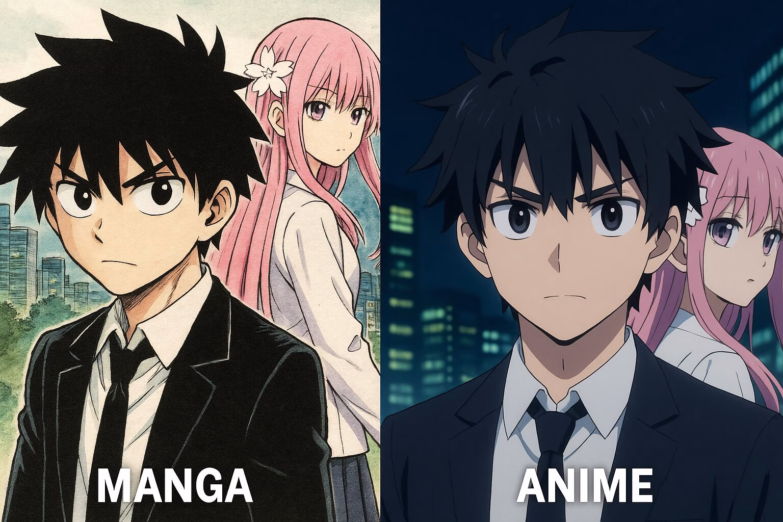 あるスパイ一家を描いた人気作品における原作版とアニメ版の作画比較イメージ画像。黒髪の青年と桃色の髪の少女が、それぞれ異なるスタイルで表現されている。