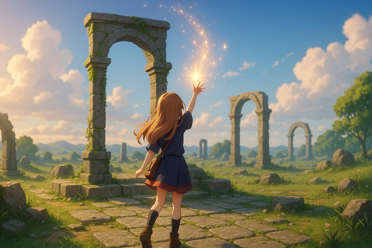 夕暮れの遺跡で魔法の光を放つアニメ風の少女の後ろ姿。AI生成イメージ画像/非公式素材