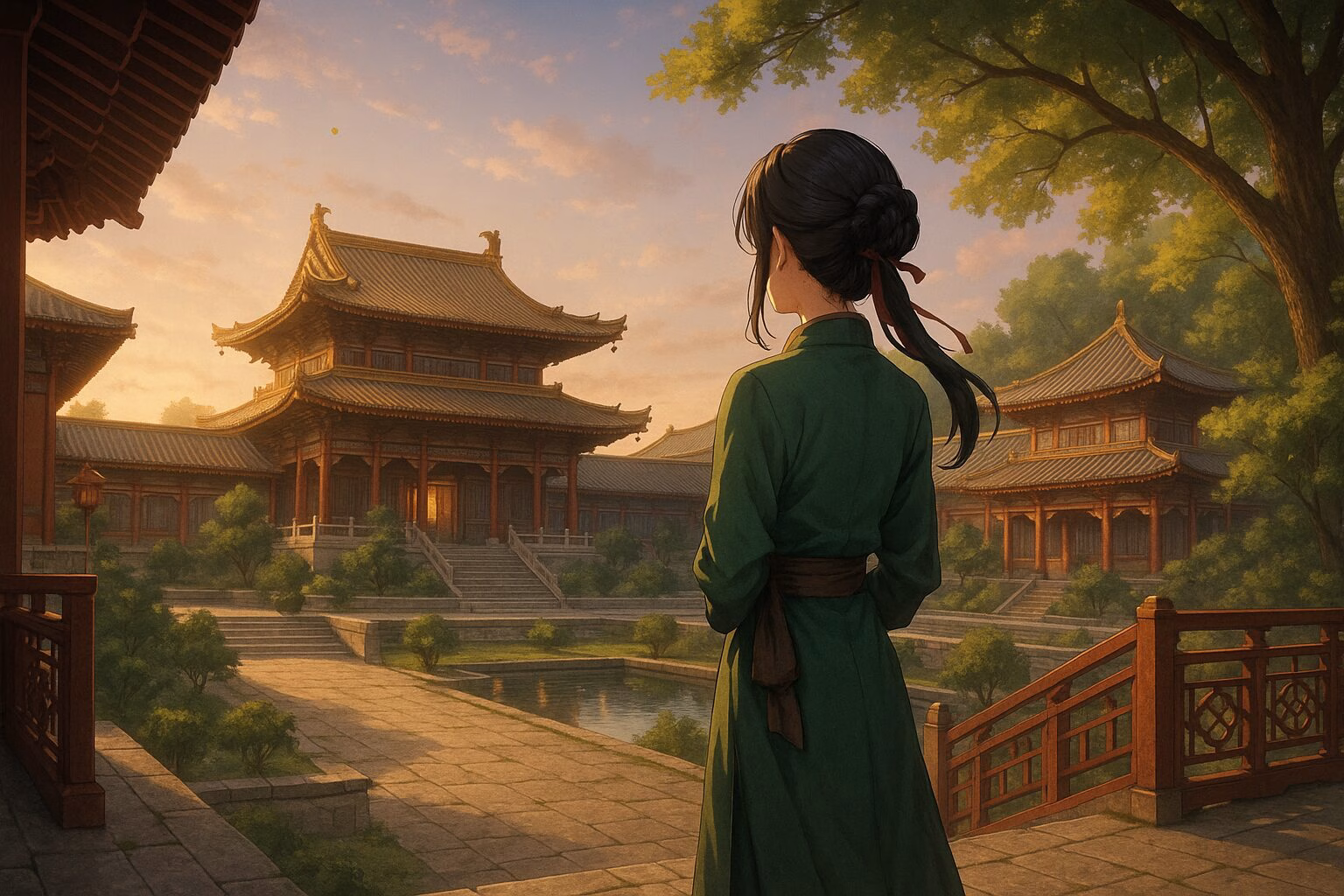 アニメ風の宮殿を背景に、夕暮れの中たたずむ後ろ姿の女性キャラクターのイラスト。AI生成イメージ画像/非公式素材