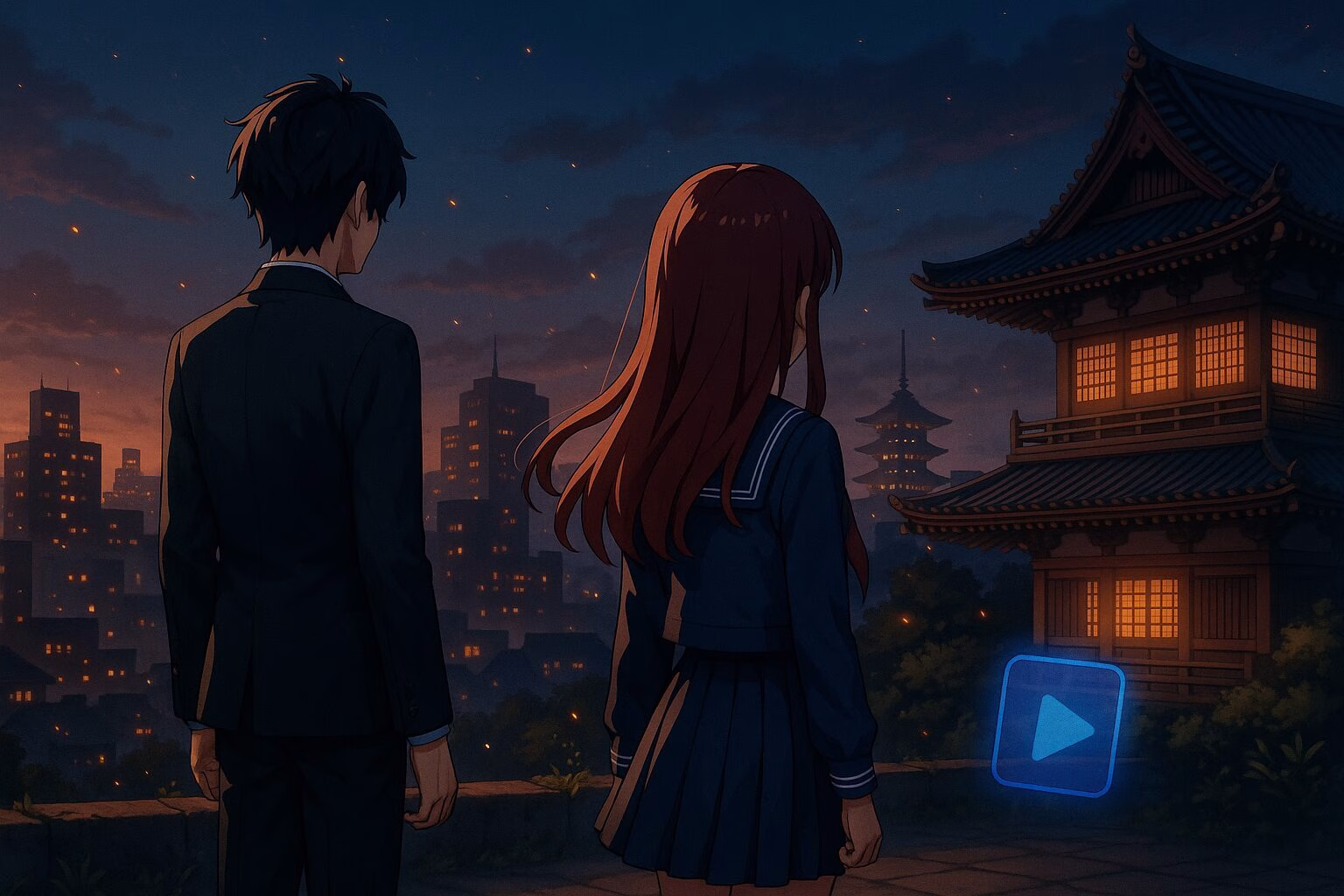 都会の夜景を背景にした男女の後ろ姿、アニメ風の雰囲気で動画配信サービスを象徴するアイコン付き。AI生成イメージ画像/非公式素材