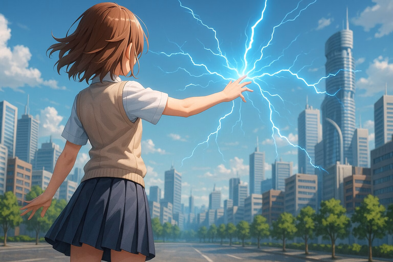 都市の高層ビル群を背景に、電撃を放つ制服姿の少女の後ろ姿（3DCGアニメ風イラスト）AI生成イメージ画像/非公式素材/ファンアート。