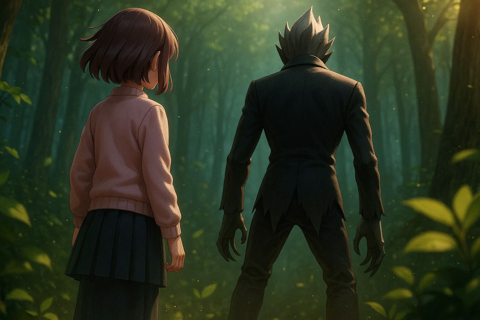 森の中で謎の人物と対峙する少女の後ろ姿を描いたアニメ風のイラスト。顔は見えず、物語の緊張感と不穏な空気が感じられる構図。AI生成イメージ画像/非公式素材