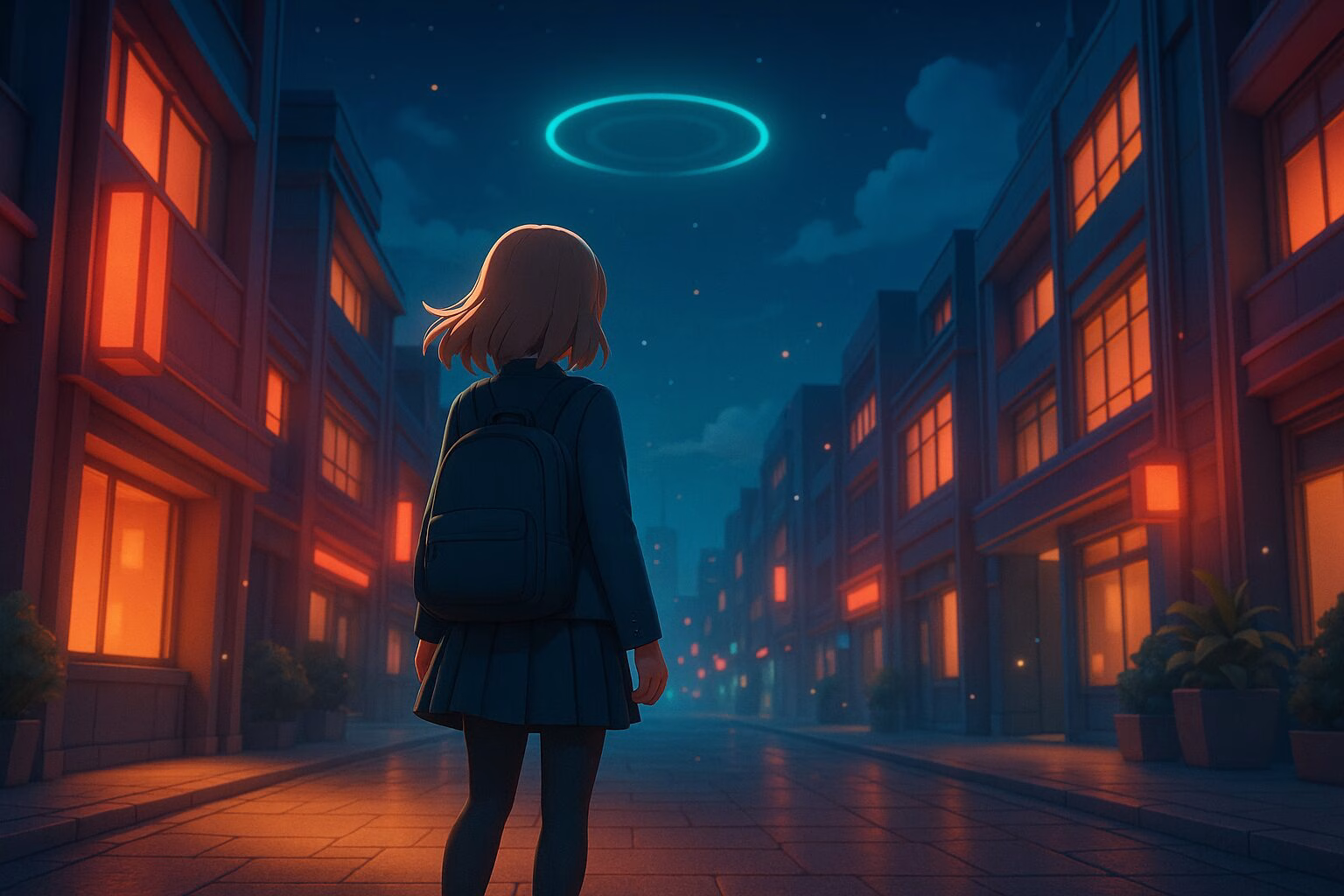 ネオンが灯る夜の街を歩く女子学生の後ろ姿と、空に浮かぶ光の輪が印象的な3DCGアニメ風イラスト。伝統と現代が交差する世界観を表現。AI生成イメージ画像/非公式素材