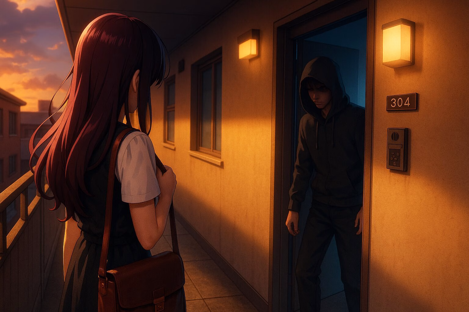 夕暮れのマンション廊下で、制服姿の少女がフードを被った男性と対峙するアニメ風シーン。物語の謎めいた雰囲気を感じさせる構図。AI生成イメージ画像/非公式素材