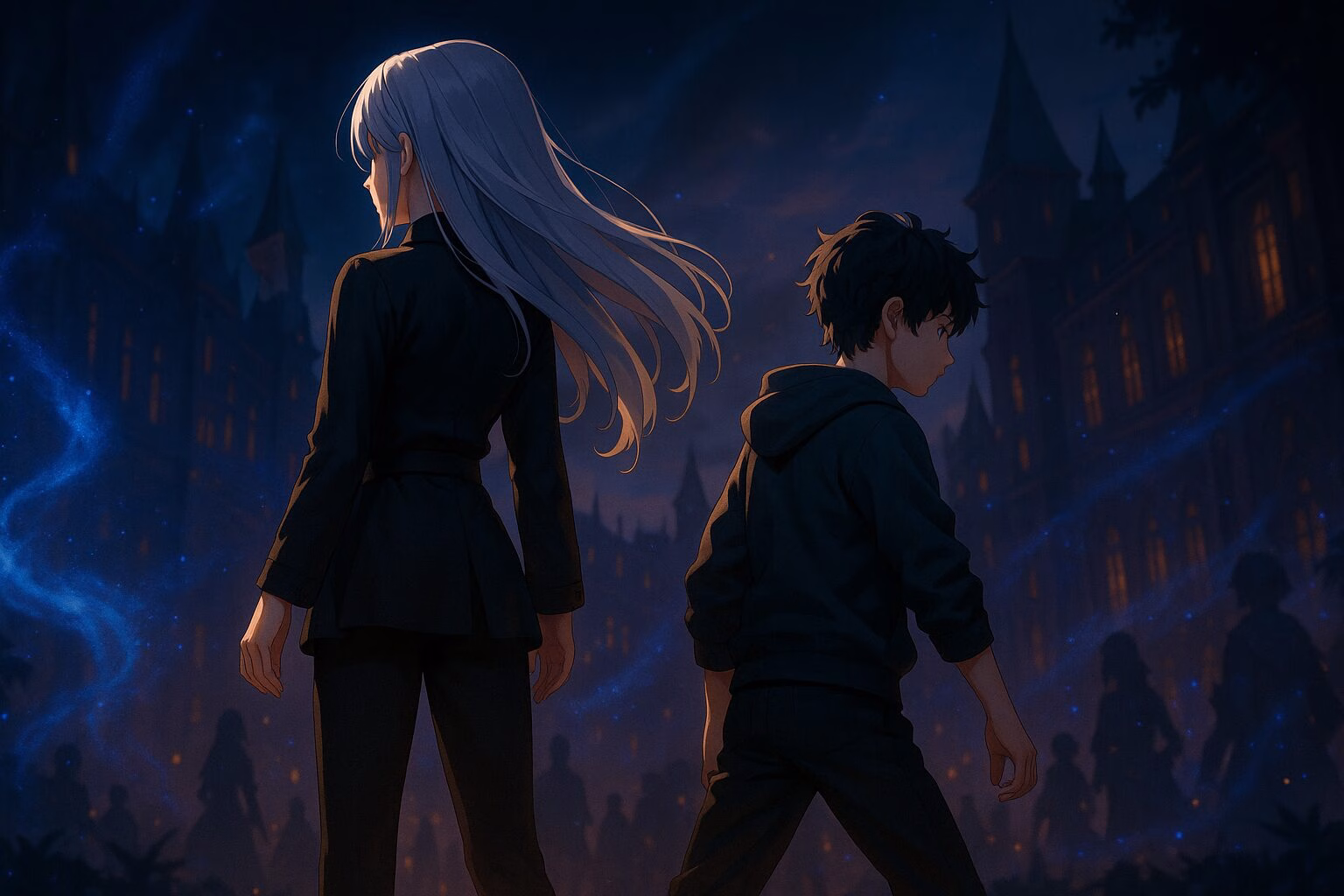 幻想的な魔法都市を背に立つ二人のキャラクターの後ろ姿。青い光が漂う夜の情景と奥行きのある建物が印象的なアニメ調イラスト。AI生成イメージ画像/非公式素材