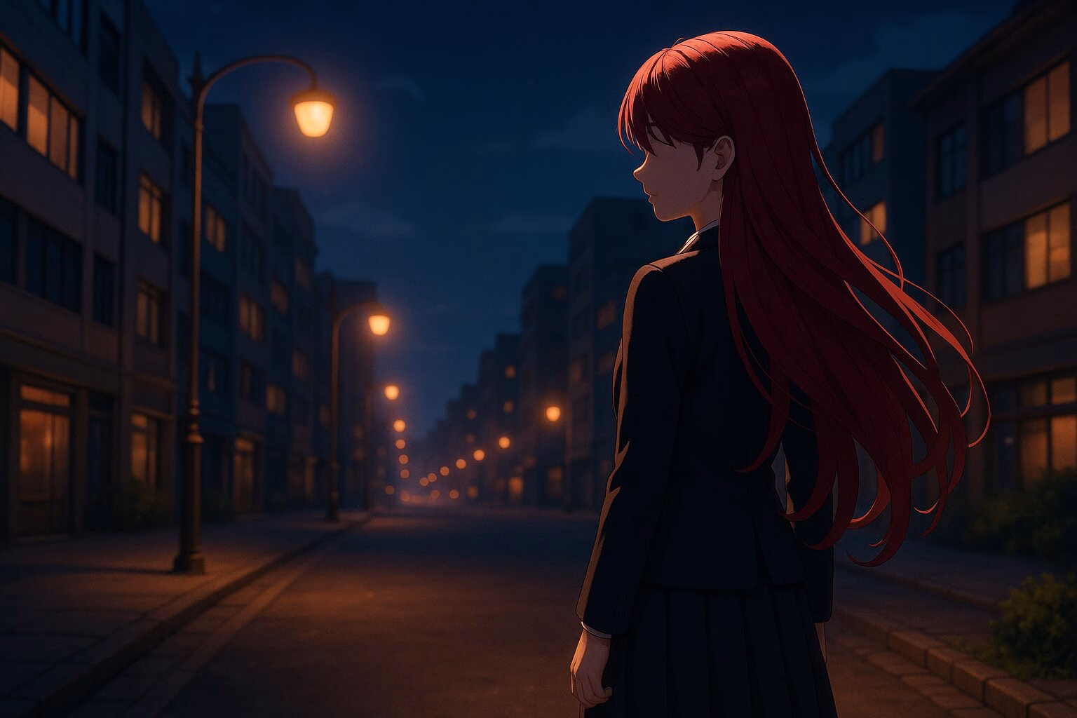 赤い髪の少女が静かな夜の街を見つめる後ろ姿の3DCGアニメ風イラスト。落ち着いた雰囲気と柔らかな光が印象的な構図。AI生成イメージ画像/非公式素材