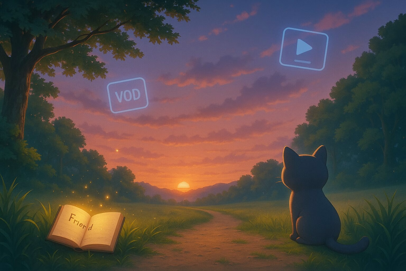 夕焼けの草原でノートと小さな猫が静かに佇む、動画配信サービス紹介用の癒し系イメージイラスト。AI生成イメージ画像/非公式素材