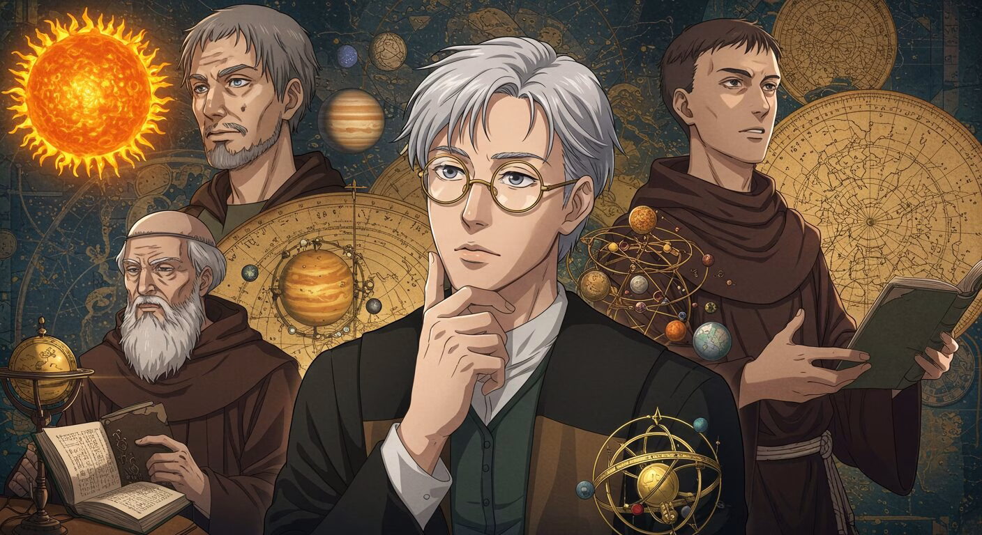 『チ。地球の運動』の登場人物と太陽系が描かれたイラスト。キャラクター同士の思想のつながりと地動説の象徴が一枚に表現されている。