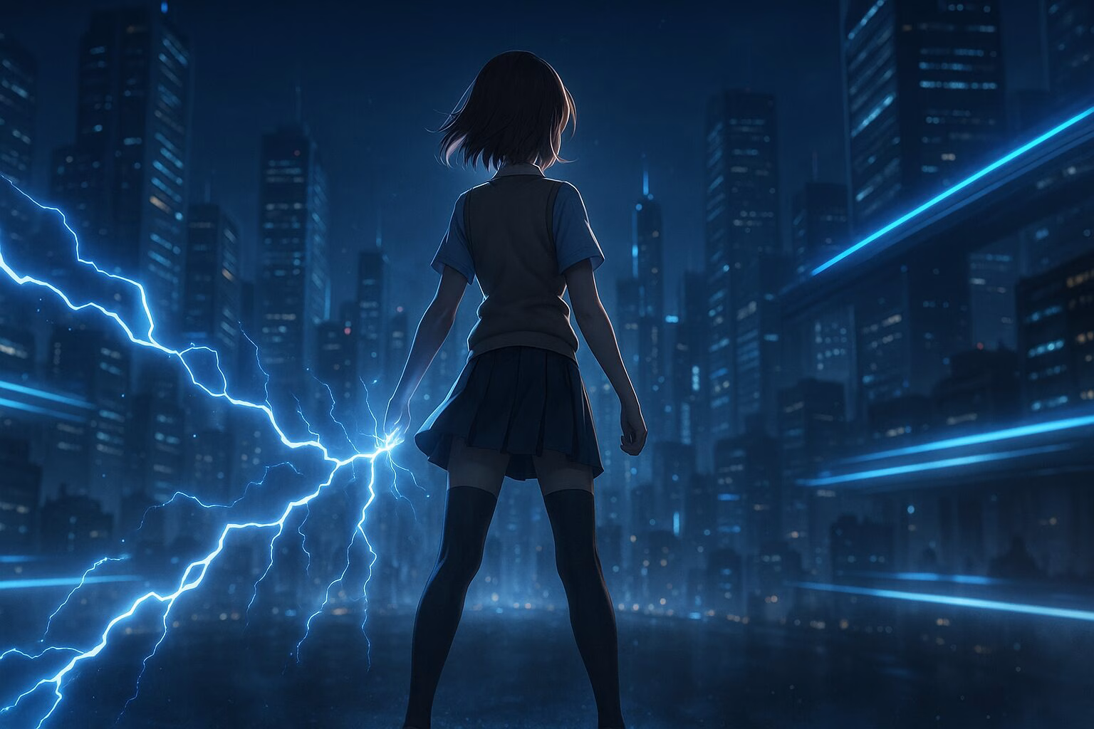青い稲妻を放つ少女の後ろ姿と未来的な高層ビル群を描いた3DCGアニメ風イラスト。AI生成イメージ画像/非公式素材