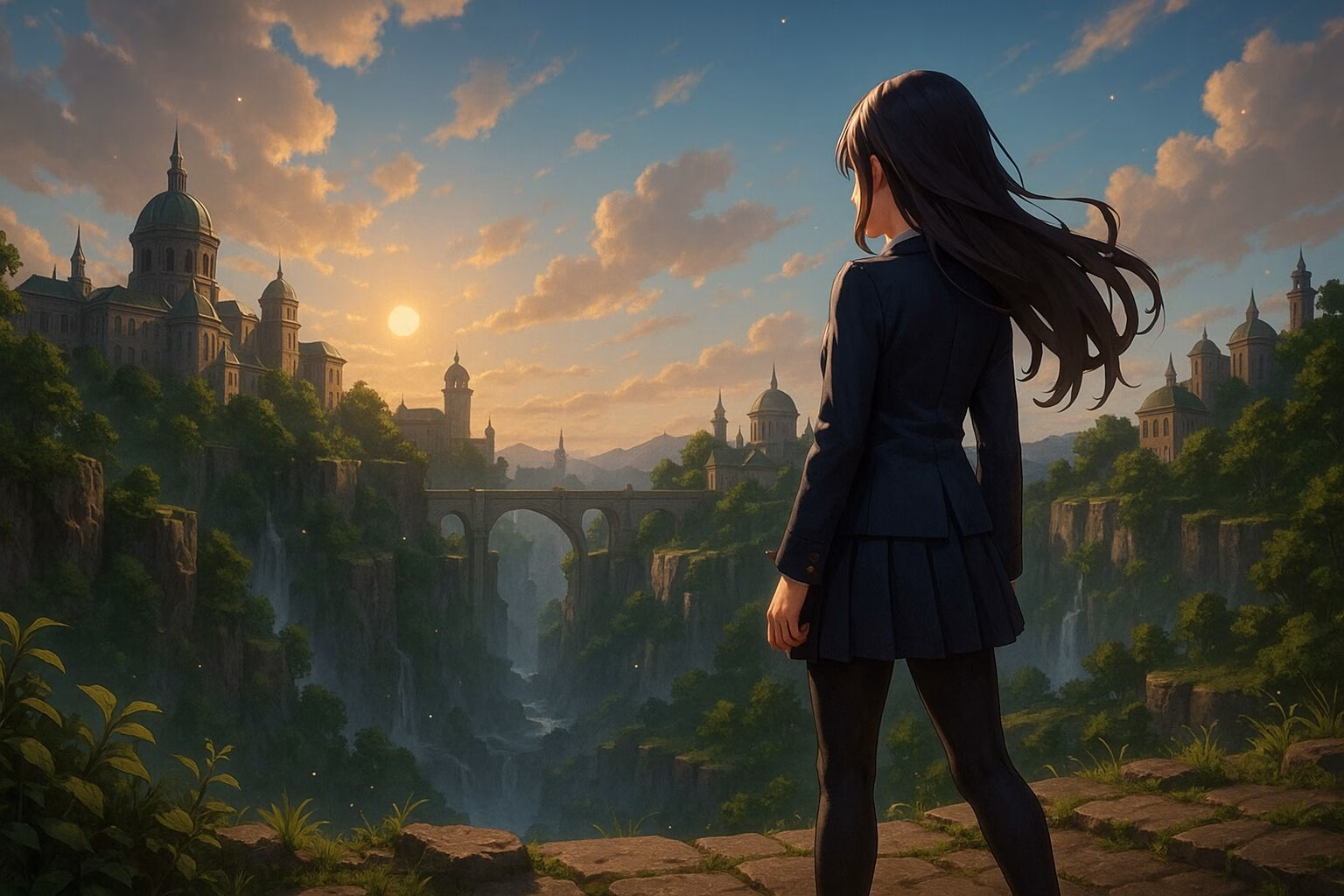 夕暮れの空を背景に、幻想的な都市を見渡す女性キャラクターの後ろ姿。奥行きある渓谷と石橋が印象的な3DCGアニメ風イラスト。AI生成イメージ画像/非公式素材