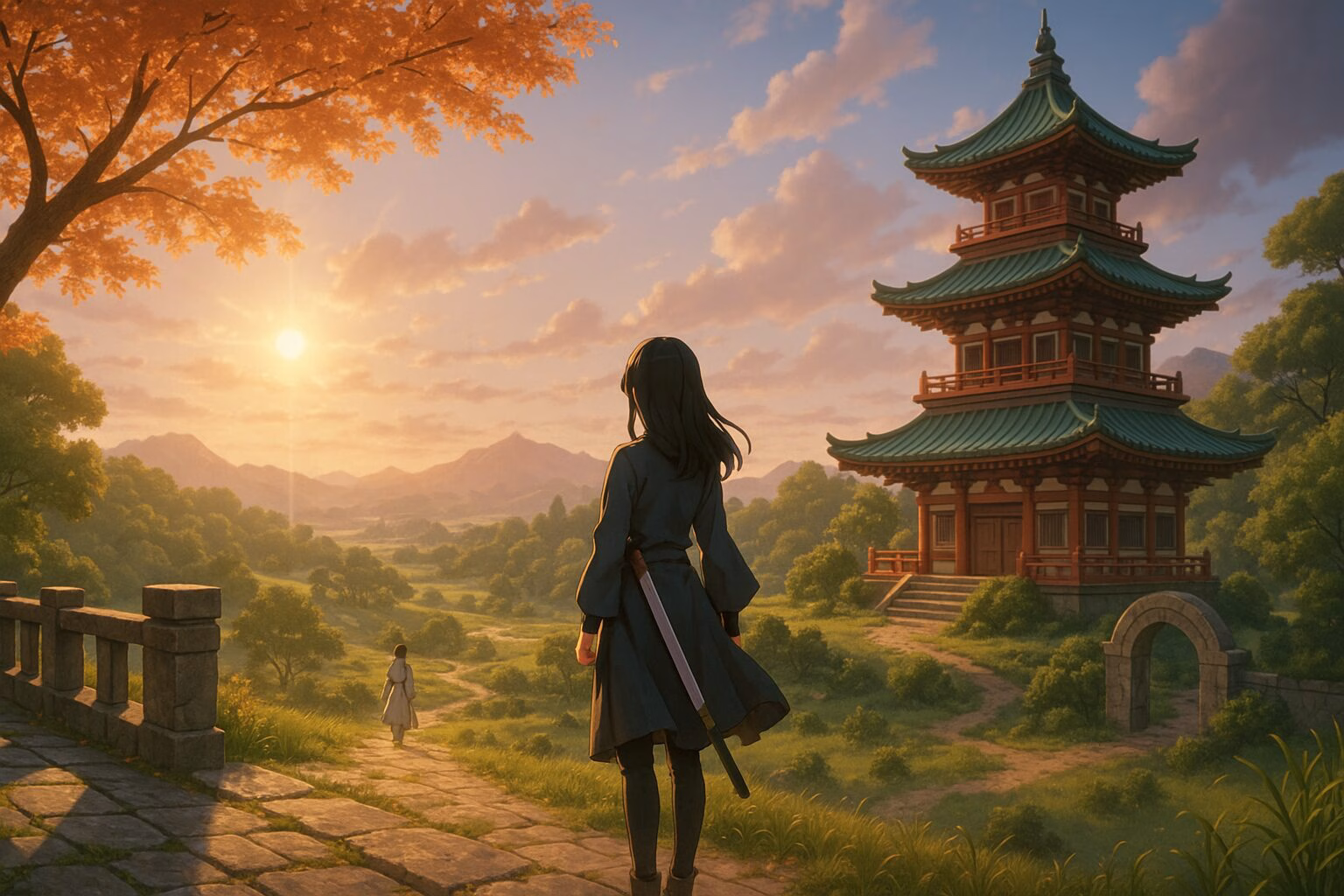夕焼けに包まれた幻想的な宮殿と庭園を背に、旅立つ人物の後ろ姿が描かれた3DCGアニメ風のイラスト。AI生成イメージ画像/非公式素材