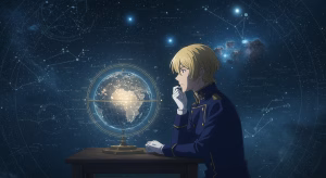 星図と天体に囲まれた空間で、地球儀を見つめ思索する少年の姿。地動説のテーマを象徴するAI生成のイメージ画像(非公式素材)。