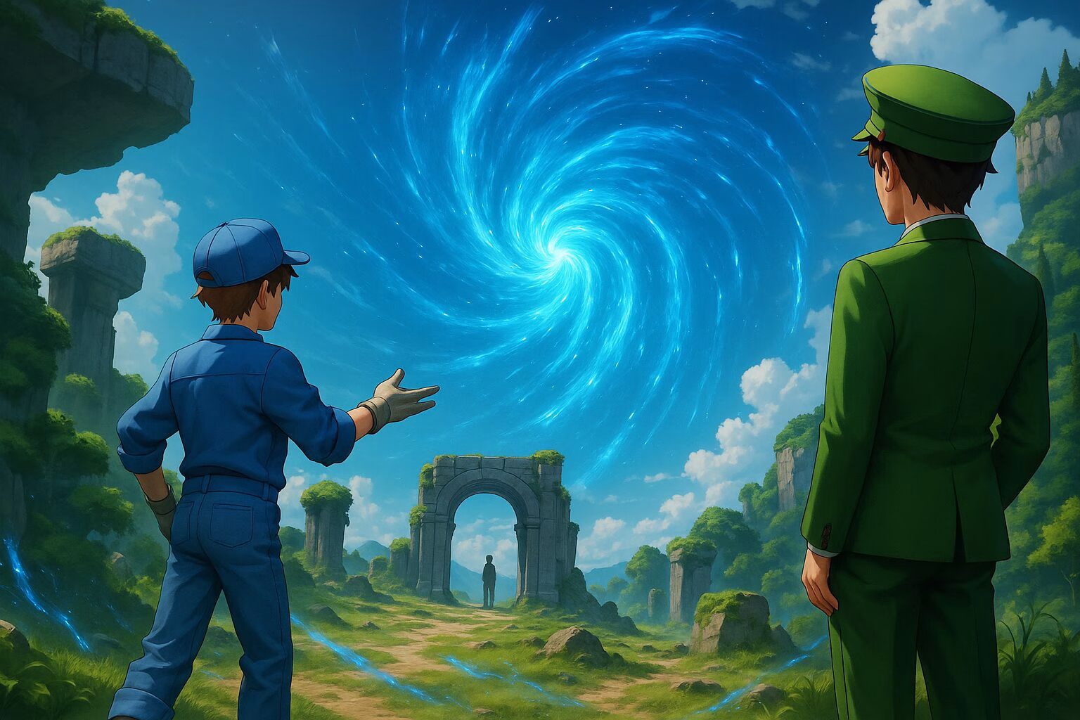 幻想的な遺跡の風景で、空に浮かぶ青い渦を見上げる免疫細胞風のキャラクターたちのアニメ風イラスト。AI生成イメージ画像/非公式素材